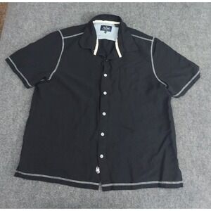 Nat Nast Shirt Men XL Black Linen Silk Camp Bowling Travel White Stitching Beach